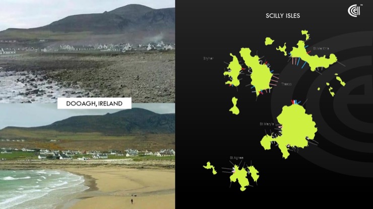 The drastic loss and gain of sand in Dooagh Ireland and the mirgation of sand around the Scilly Isles.