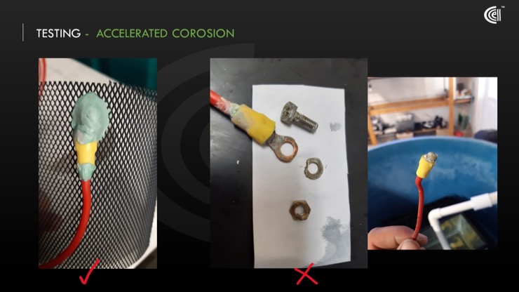 Corroded couplings. On the left hand side there is a bllob of epoxy over a wire, on some mesh. In the middle and right-hand sides the couplings and bolts have begun to wear away.