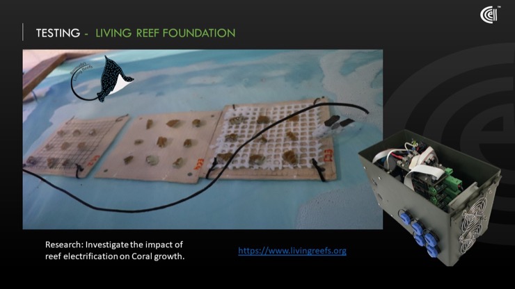 The power management sytem hooked up to some reef plates and another plate growing baby corals. An experment by the living reeefs foundation.