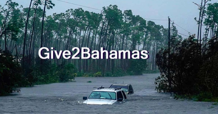 A submerged car and windswept trees in the wake of Hurricane Dorian with “Give2Bahamas” superimposed.