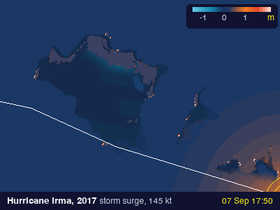 Animation of the storm surge, in metres, as Hurricane Irma in 2017 passes over the Caribbean
