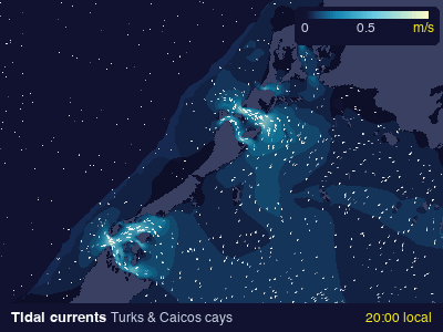 Animation of tidal currents around the Turks and Caicos cays over a tidal cycle